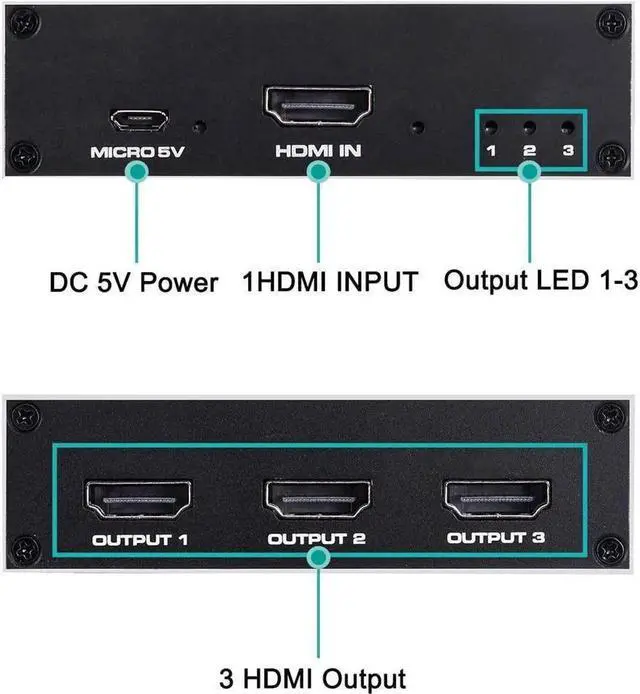 Alt view image 5 of 7 - HDMI Splitter 1 in 3 Out 4K 3 Port HDMI Splitter Powered Video Splitter 3 Outputs w/ AC Adapter, Duplicate/Mirror Screens for Fire Stick/Roku/DirecTV/Cable Box/Security Cameras