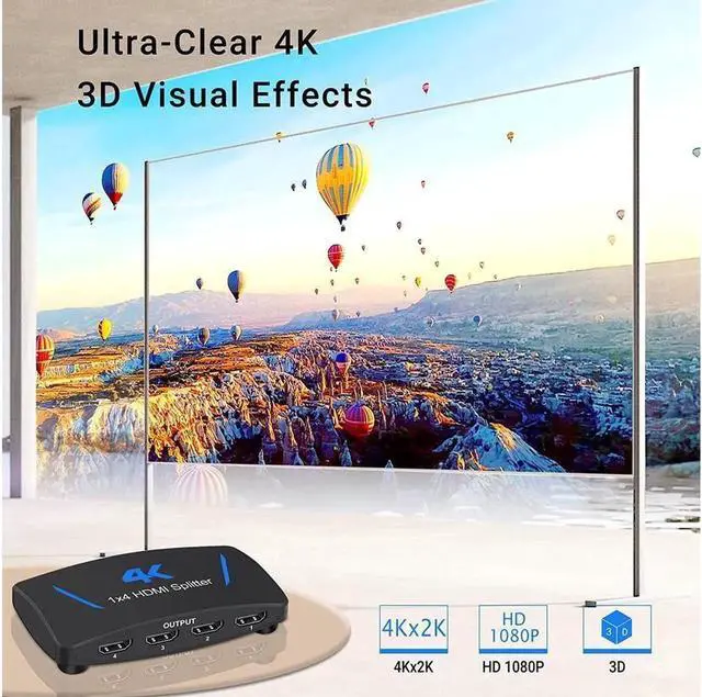Alt view image 4 of 7 - HDMI Splitter 1 in 4 Out -4K Hdmi Splitter 1x4 Ports v1.4 Powered 4K/2K@30hz Full Ultra HD 1080p US Adapter 3D Support 4Kx2K@30Hz 3D HDCP1.4b HDCP1.4 for Xbox, PS5, Fire Stick, Roku
