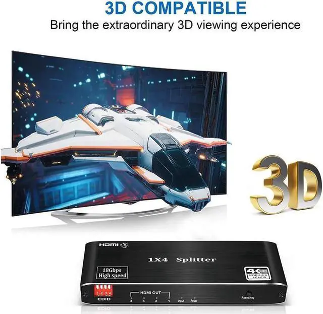 Alt view image 7 of 7 - 4K 60Hz HDMI Splitter 1x4 1080P 120Hz HDMI 2.0 Splitter Converter 1 in 4 Out HDCP 2.2 UHD HLG HDR 3840x2160P for TV PS5 Xbox Game
