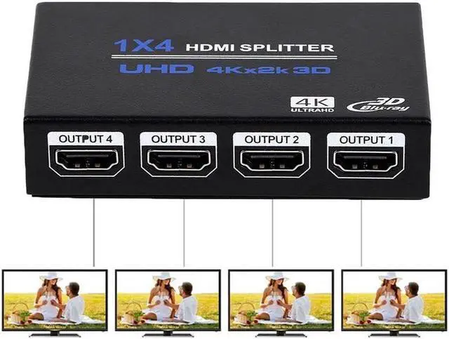 Main image of HDMI Splitter 1 in 4 Out V1.4b Powered HDMI Video Splitter with AC Adaptor Duplicate/Mirror Screen Monitor Supports Ultra HD 1080P 2K x4K@30Hz and 3D Resolutions (1 Input to 4 Outputs)