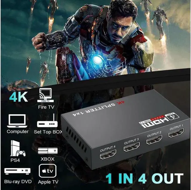 Alt view image 7 of 7 - HDMI Splitter 1 in 4 out Full Ultra HD 1080P 4K/2K 1X4 Port Box Hub with US Adapter v1.4 Powered Certified for 3D Support