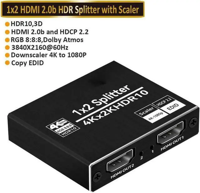 Main image of 4K@60Hz HDMI Splitter 1 in 2 Out, 2 Port HDMI Splitter EDID, HDMI Switch Box Hub Support UltraHD, HDR 10, 4K 3D 1080P, for PS4 Xbox DVD Player Fire Stick Apple TV PC