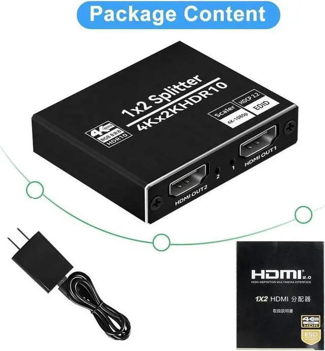 Alt view image 3 of 7 - 4K@60Hz HDMI Splitter 1 in 2 Out, 2 Port HDMI Splitter EDID, HDMI Switch Box Hub Support UltraHD, HDR 10, 4K 3D 1080P, for PS4 Xbox DVD Player Fire Stick Apple TV PC