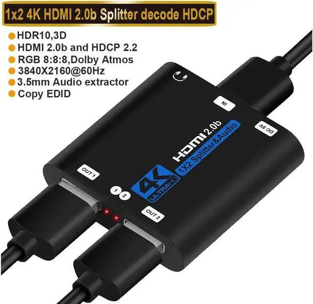 Main image of HDMI Splitter 4k@60hz , 1X2 HDMI Splitter1 in 2 Out, with 3.5mm Jack audio out, Manual HDMI Hub Supports HD Compatible with Xbox PS5/4/3 Blu-Ray Player, OZF6-1