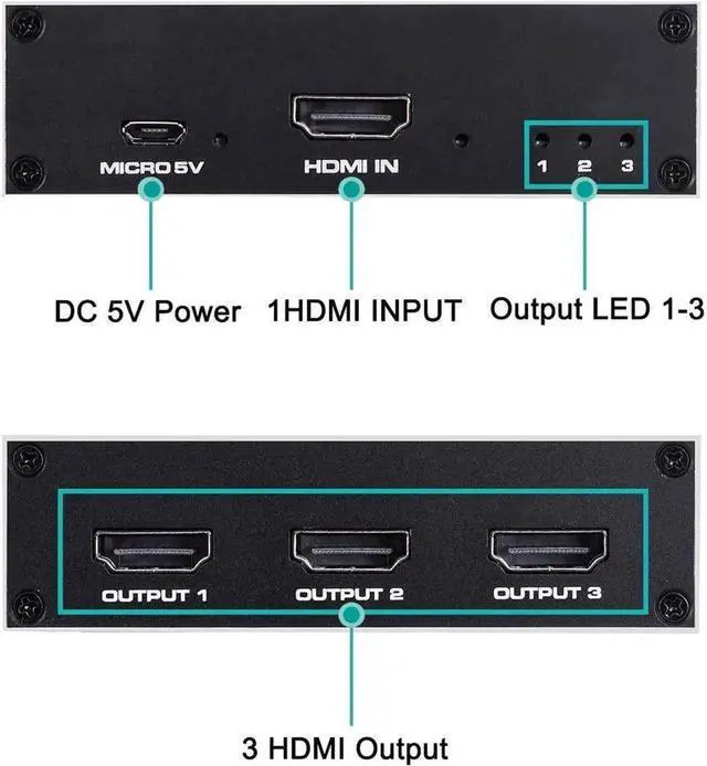 Alt view image 5 of 7 - HDMI Splitter 1 in 3 Out V1.4b Powered HDMI Video Splitter with AC Adaptor Duplicate/Mirror Screen Monitor Supports Ultra HD 1080P 2K x4K@30Hz and 3D Resolutions (1 Input to 3 Outputs)