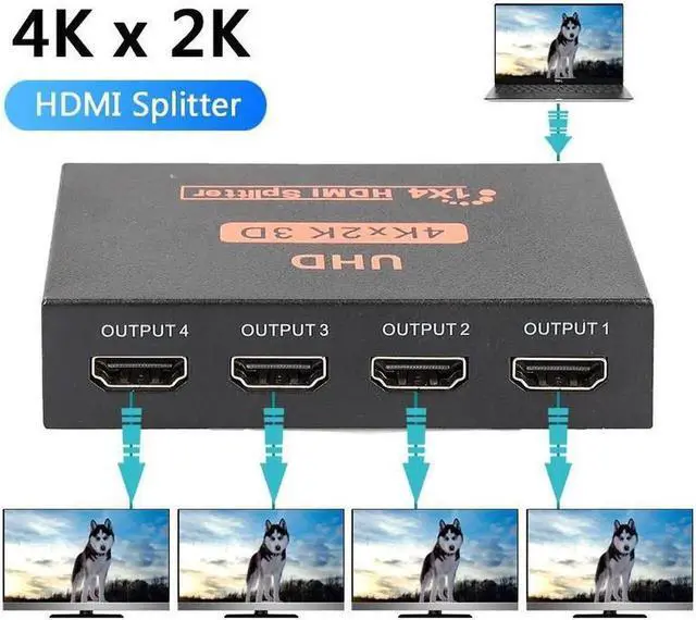 Alt view image 7 of 7 - Hdmi Splitter 1 in 4 Out V1.4b Powered Hdmi Video Splitter with AC Adaptor Duplicate/Mirror Screen Monitor Supports Ultra HD 1080P 2K x4K@30Hz and 3D Resolutions (1 Input to 4 Outputs)