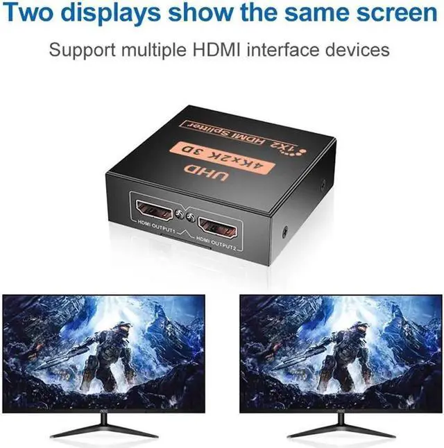 Alt view image 4 of 7 - HDMI Splitter 1in2 Out Powered by AC Adapter Hdmi powered Splitter Supports 4K@30Hz 3D Full HD1080P Compatible with Xbox PS3/4 Fire Stick Roku Blu-Ray Player HDTV - 1 Input to 2 Outputs