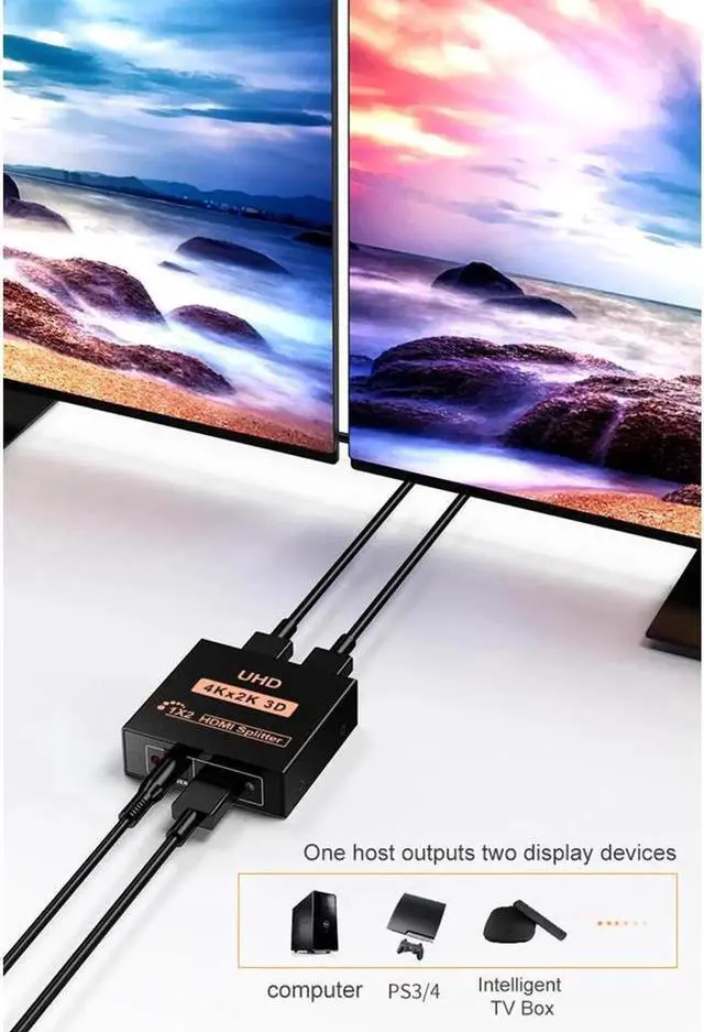 Alt view image 7 of 7 - HDMI Splitter 1in2 Out Powered by AC Adapter Hdmi powered Splitter Supports 4K@30Hz 3D Full HD1080P Compatible with Xbox PS3/4 Fire Stick Roku Blu-Ray Player HDTV - 1 Input to 2 Outputs