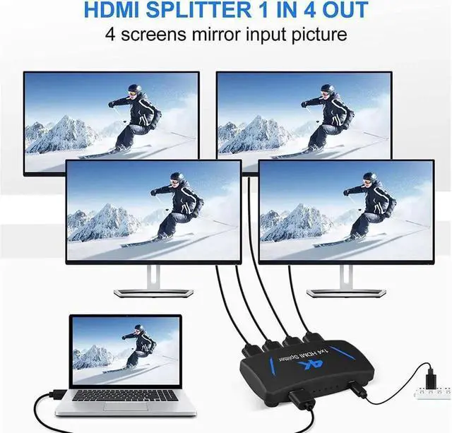 Alt view image 6 of 6 - HDMI Splitter 4K 30Hz 1X4 Multi-Resolution Output, HDMI 1.4 Splitter Supports 4Kx2K@30Hz 3D HDCP1.4b HDCP1.4 for Xbox PS5/4 Roku Blu-Ray Player Apple TV