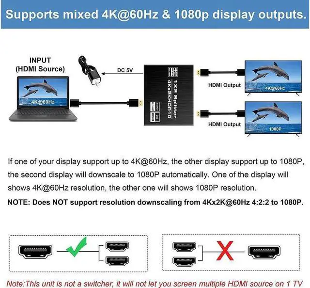 Alt view image 4 of 7 - 4K x 2K@60Hz HDMI Splitter 1 in 2 Out 4K @ 60Hz 1x2 Powered HDMI Splitter Duplicate Mirror with EDID Support HDCP 2.2 HDR (1 Source to 2 Displays)