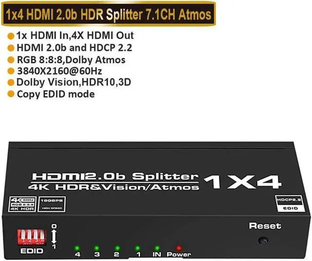 Main image of K@60Hz HDMI Splitter EDID, Duplicate/Mirror, 4K HDMI Splitter 1 in 4 Out, Powered Splitter, 1 Source to 4 Identical Displays for TV, Projector,Xbox PS5/4/3 Blu-Ray Player Fire Stick Roku
