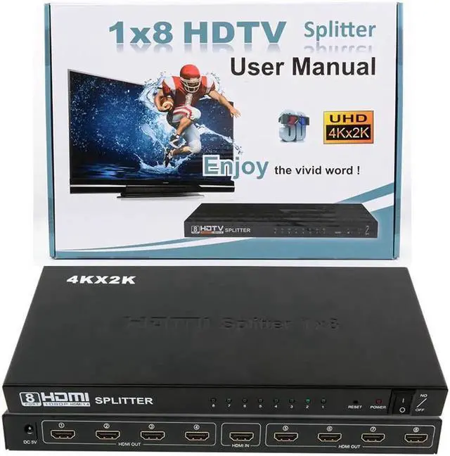 Alt view image 2 of 6 - Ultra HD 4K HDMI Splitter 1x8 f Amplifier,V1.4 Powered 8 Port HDMI Splitter Box Hub For Blue-ray Xbox PS4, Power Supply Adapter Include