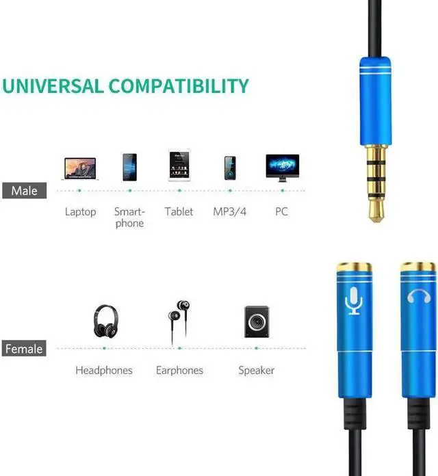 Alt view image 2 of 7 - (2-PACK) Headset Adapter For Headsets With Separate Headphone And Microphone Plugs 3.5mm Stereo Audio Male to 2 Female Headset Mic Y Splitter Cable Adapter-Black