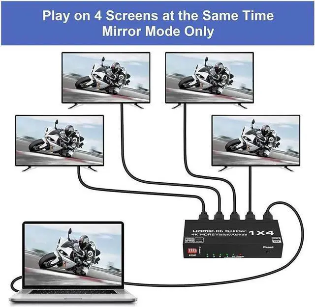 Alt view image 2 of 7 - 4K 1 in 4 Out HDMI Splitter - Ultra HD 4K @ 60 Hz 1x4 HDCP2.2 Power HDMI Supports 3D HDCP2.2 HDR10 4K@60Hz RGB 8:8:8, EDID for Xbox PS4 PS3 Fire Stick Blu Ray Apple TV HDTV - Adapter