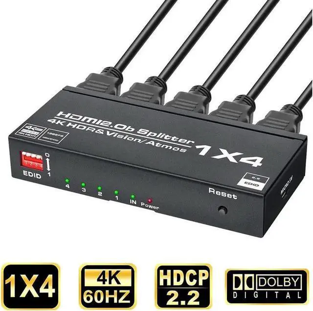 Main image of 4K 1 in 4 Out HDMI Splitter - Ultra HD 4K @ 60 Hz 1x4 HDCP2.2 Power HDMI Supports 3D HDCP2.2 HDR10 4K@60Hz RGB 8:8:8, EDID for Xbox PS4 PS3 Fire Stick Blu Ray Apple TV HDTV - Adapter
