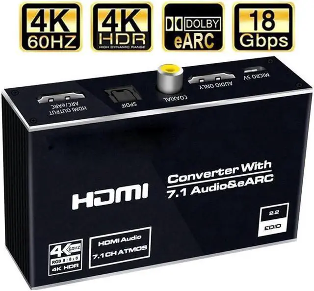 Main image of 4K@60HZ HDMI 2.0b Audio Extractor 18Gbps HDMI 2.0 ARC 7.1CH Support - HDCP 2.2 - EDID,Dolby Vision,HDR 10 Support Optical Toslink SPDIF 7.1Ch 3.5mm Audio Jack
