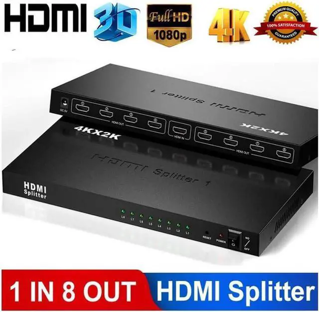 Main image of 1x8 HDMI Splitter by 1 Port to 8 HDMI Display Duplicate/Mirror - Powered Splitter for Full HD 4Kx2K High Resolution & 3D Support (One Input To Eight Outputs) - Adapter Included