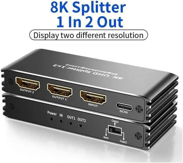 Main image of 4K 120Hz HDMI Splitter 1x2, Duplicate/Mirror,ESTONE 8K HDMI Splitter 1 in 2 Out [Metal Case, 2Port ] , Powered Splitter, 1 Source to 2 Identical Displays HDCP 2.3 EDID for TV, Projector