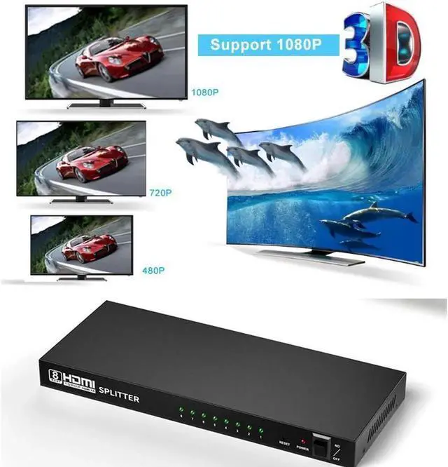 Alt view image 6 of 7 - 1080P HDMI Splitter 1 in 8 Out by Ultra HD 1080P 1x8 Ver. 1.4 HDCP, Power HDMI Supports 3D Full HD 1080P for Xbox, PS4 PS3 Fire Stick Blu Ray Apple TV HDTV - Adapter Included