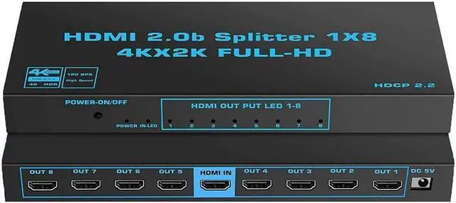 Alt view image 5 of 6 - 4K 60Hz HDMI Splitter 1 in 8 Out HDMI2.0 8 Port Splitter with US Adapter for Computer MacBook Xbox 360 Xbox One PS5/4 Blu-Ray DVD (1in 8out)