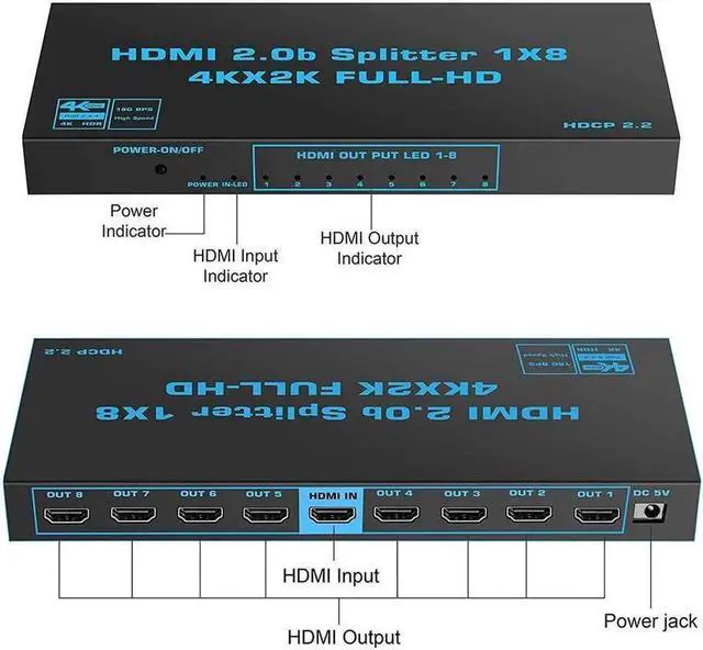 Alt view image 6 of 6 - 4K 60Hz HDMI Splitter 1 in 8 Out HDMI2.0 8 Port Splitter with US Adapter for Computer MacBook Xbox 360 Xbox One PS5/4 Blu-Ray DVD (1in 8out)