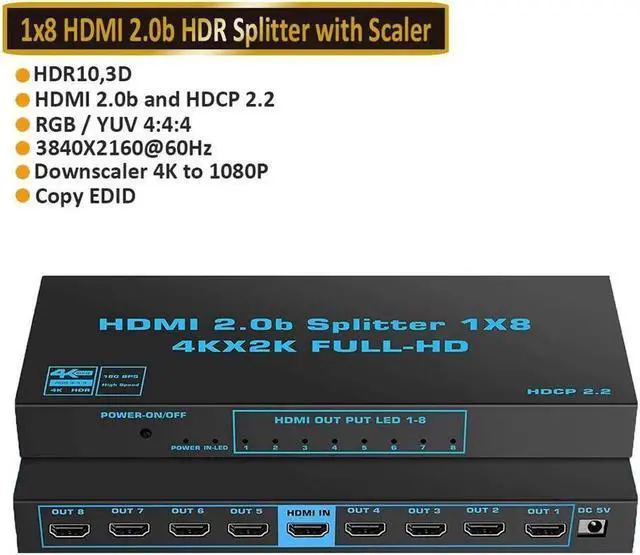 Main image of 4K Pro 1x8 HDMI Splitter - HDR, 18Gbps, 4K 60Hz, RGB 4:4:4, with HDCP 2.2 Support (Compatible with PS4/5 Xbox Apple TV Fire Stick Roku Blu-Ray Player)