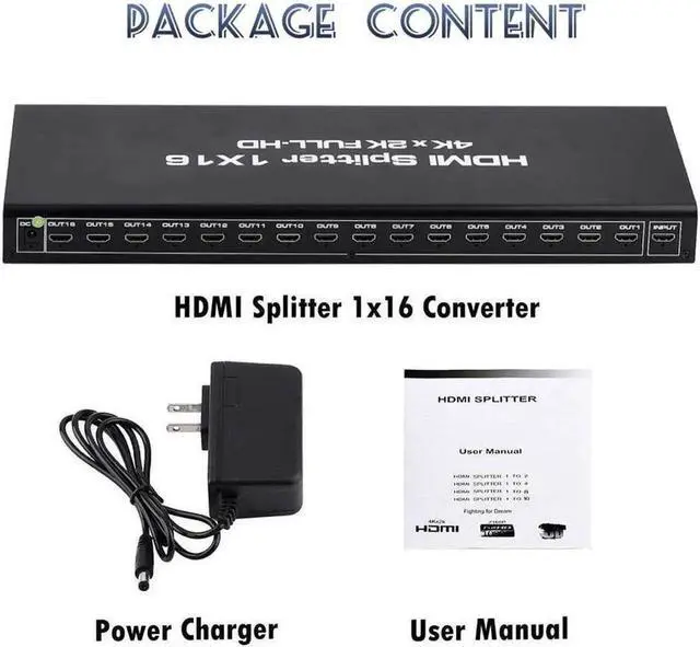 Alt view image 7 of 7 - HDMI Splitter 1 in 16 Out 1x16 Power HDMI Splitter 16 Ports w/AC Adapter, 4Kx2K@30Hz 3D Full HD Distributor for HDTV, STB, PS16, PS16 Pro Blu-Ray DVD Player, Projector Etc