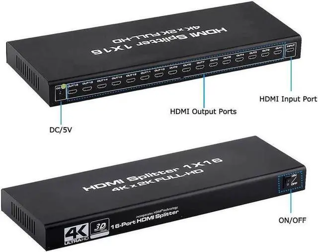 Alt view image 6 of 7 - HDMI Splitter 1 in 16 Out 1x16 Power HDMI Splitter 16 Ports w/AC Adapter, 4Kx2K@30Hz 3D Full HD Distributor for HDTV, STB, PS16, PS16 Pro Blu-Ray DVD Player, Projector Etc