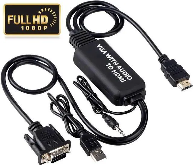 Main image of VGA to HDMI Adapter for Connecting Traditional VGA Interface Laptop, PC to HDMI Monitor or Projector, 1080P VGA Male to HDMI Female Converter with 3.5mm Audio Lead and Power Supply Port