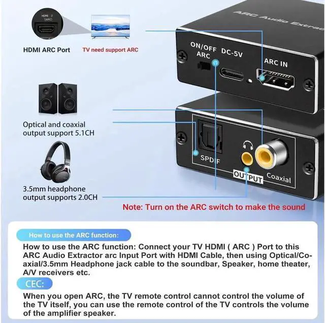Alt view image 7 of 7 - 192KHz ARC HDMI to Audio (Coaxial and 3.5mm Stereo or SPDIF Optical) Extractor Splitter Converter For All TVs and Audio Devices with HDMI ARC ports