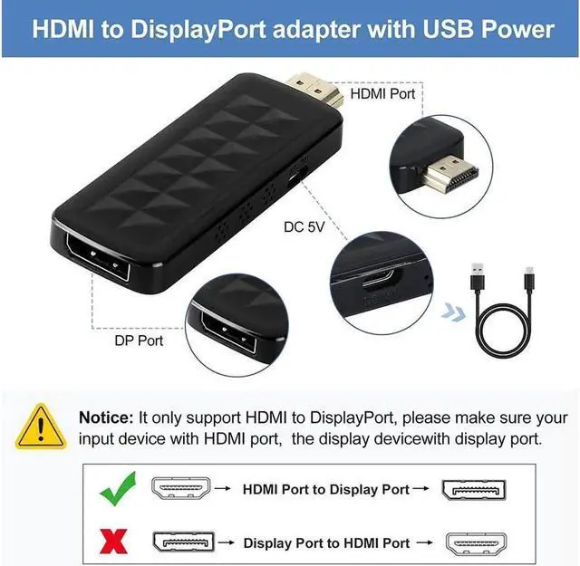Alt view image 4 of 6 - HDMI to DisplayPort Adapter, 4K@60Hz Gold Plated HDMI to Displayport Adapter/Converter Male to Female Black (4K@60Hz