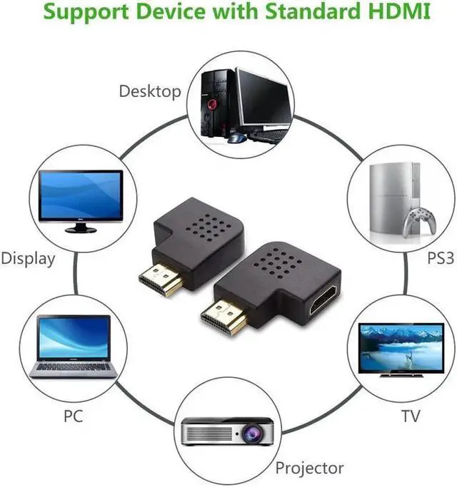 Alt view image 3 of 7 - Flat Left & Right 270 & 90 Degree Angled Male to Female HDMI Adapter Coupler, Gold-Plated 3D Supported for 1080P HDTV PC HDMI Port Device