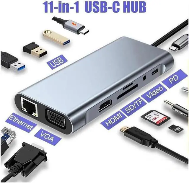 Main image of 11 in 1 USB C Hub Docking Station with 4K HDMI VGA 1000Mbps RJ45 USB-C 3*USB 3.0 Ports 100W USB-C PD 3.5mm Aux Ports for MacBook/Laptops and More Devices HDD Printer Mouse Keyboard