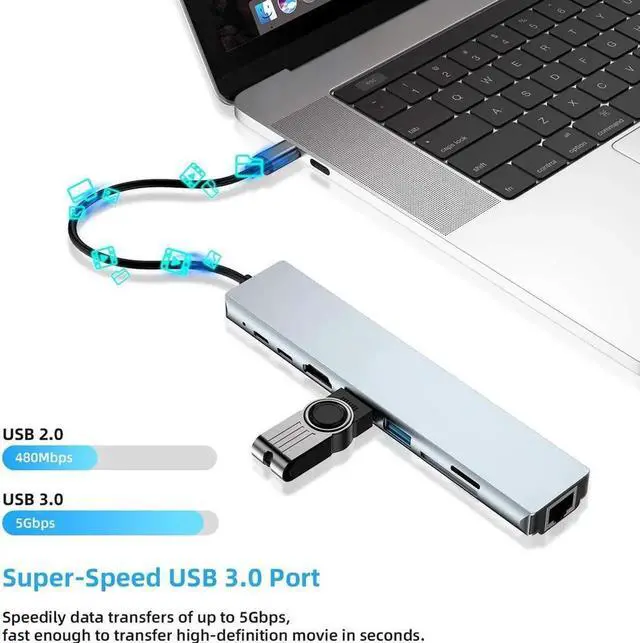 Alt view image 6 of 7 - 8-in-1 Type C Hub Adapter with RJ45 Port, 2 USB 3.0 Port,4K HDMI,SD/TF Card Port,87W PD, Type-C Port Compatible for MacBook/Pro/Air 2016/2017/2018 and More USB C Devices