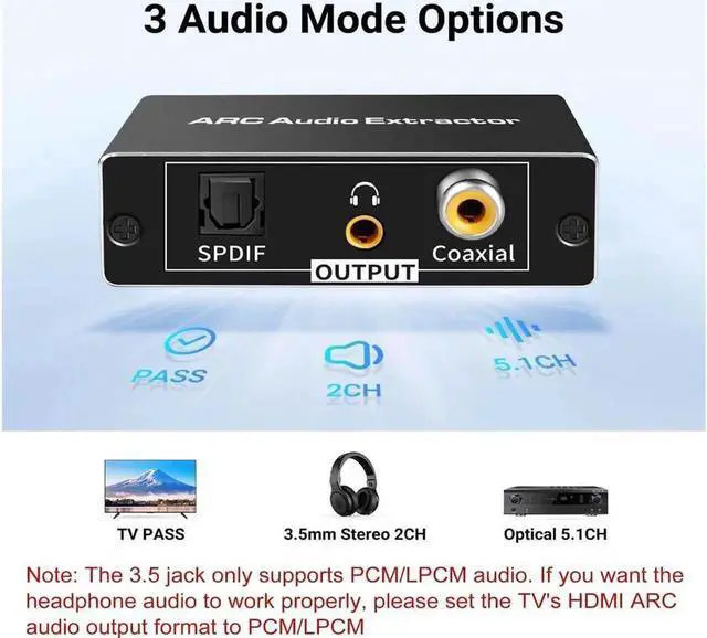 Alt view image 4 of 7 - HDMI ARC Audio Extractor, 192KHz HDMI to Optical 3.5mm Audio Adapter Splitter Converter 3.5mm Stereo and Coaxial Output Support Dolby@5.1, DTS@5.1, Dolby AC3,DSD,PCM,LPCM