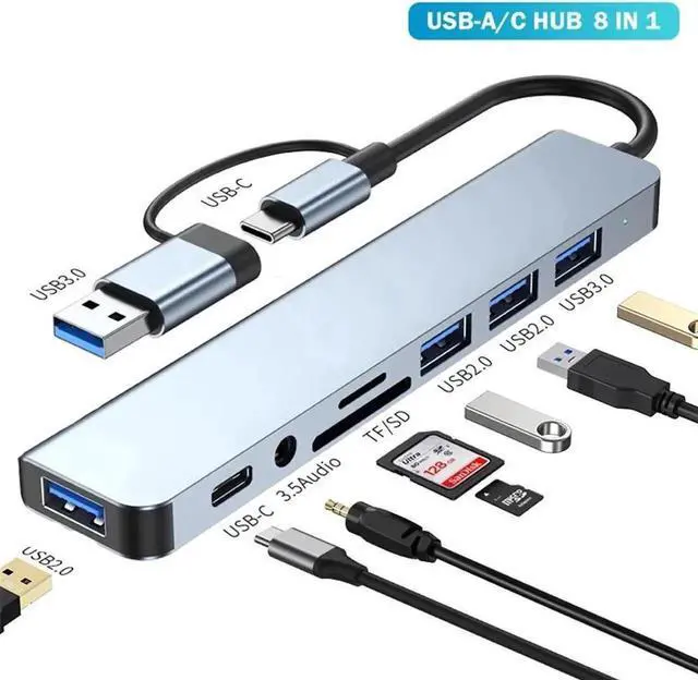 Main image of USB HUB Adapter 8 in 1 Type C Plug Dual Port Connector,Hub Adapter, SD Reader, 2 USB 3.0 Ports for MacBook, iPad,Laptop and More Type C Devices