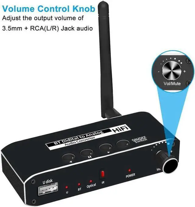 Alt view image 6 of 7 - 192kHz Digital to Analog Audio Converter with Volume Adjustable Toslink Optical to RCA DAC Decoder Digital DAC Converter SPDIF TOSLINK to Stereo L/R 3.5mm Jack with Volume Control Remote