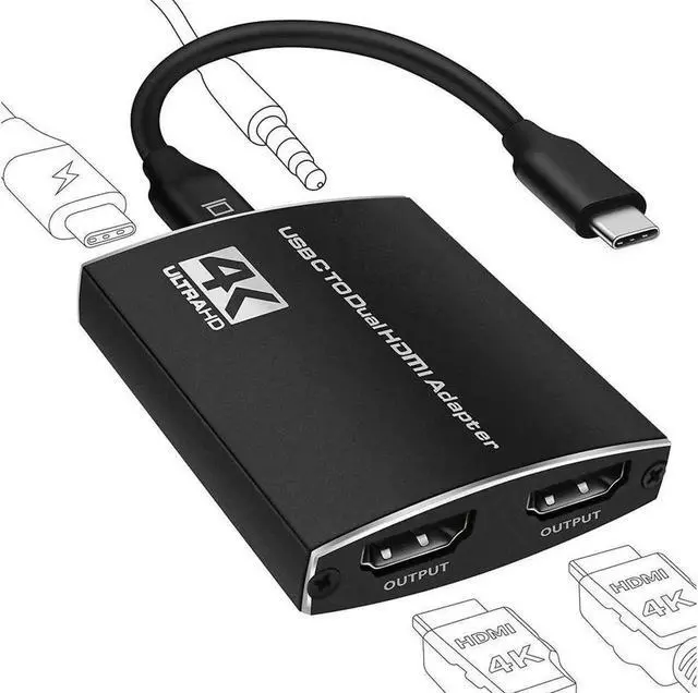 Main image of USB C to Dual HDMI Adapter 4K 60Hz with Power Delivery and 3.5mm Jack, USB C Splitter 2 Monitors Extended Display, Type C HDMI Hub Dual Monitors for Laptop Compatible with Thunderbolt 3