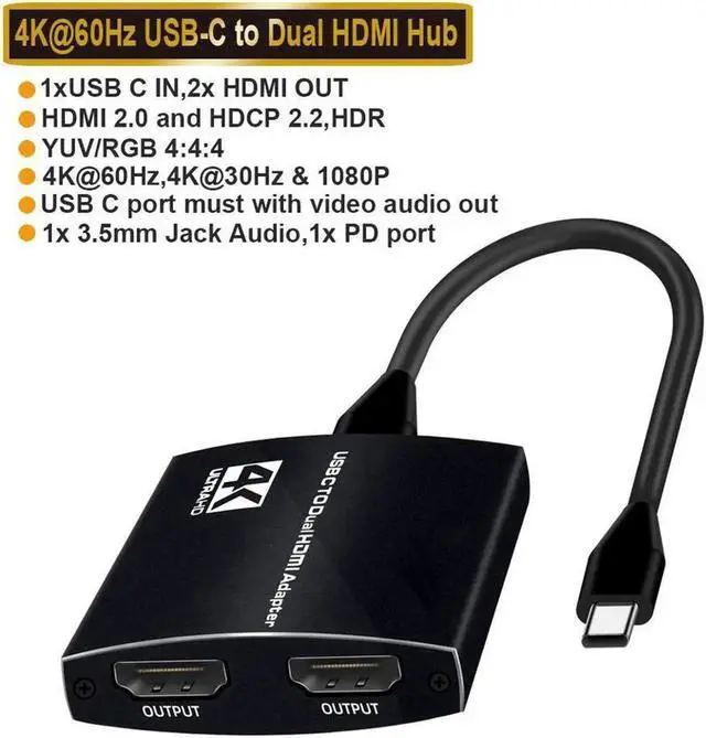 Main image of USB C to Dual HDMI Adapter with Power Delivery and 3.5mm Audio Jack, 4K@60Hz Two Monitor Displays, Supports Windows Chrome Mac, Compatible with Type C and Thunderbolt 3 Port