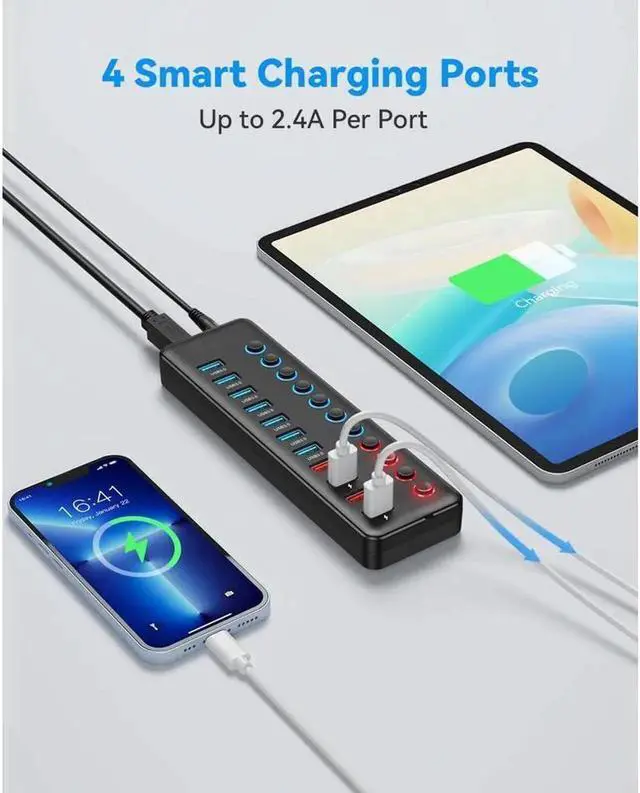 Alt view image 6 of 7 - 11-Port Powered USB-A Hub 36W with 7 USB 3.0 Data Ports + 4 Smart Charging Ports, USB Splitter with Individual On/Off Switches for Laptop, Mac, PC, HDD, Mulitple Devices