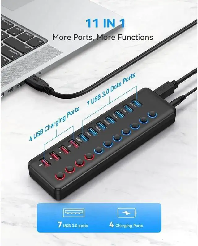 Alt view image 3 of 7 - 11-Port Powered USB-A Hub 36W with 7 USB 3.0 Data Ports + 4 Smart Charging Ports, USB Splitter with Individual On/Off Switches for Laptop, Mac, PC, HDD, Mulitple Devices