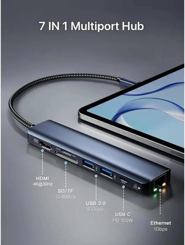 Alt view image 2 of 7 - 7 in 1 USB Hub Ethernet, Portable Multiport Adapter, USB-C to 4K HDMI, 2*USB3.0, 1Gbps LAN, SD/TF Card Readers, 100W PD Charging Compatible for MacBook Pro and Type C Devices-Mac/iPad Pro
