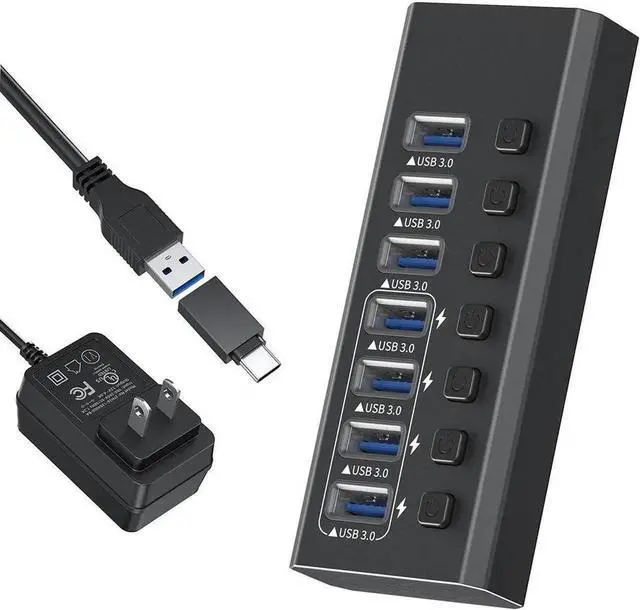 Alt view image 5 of 7 - Powered USB Hub, 7-Port USB 3.0 Hub with 24W Power Adapter, Aluminum USB Splitter Including 7 Port 5Gbps USB-A 3.0 Ports for PC, Laptop and More