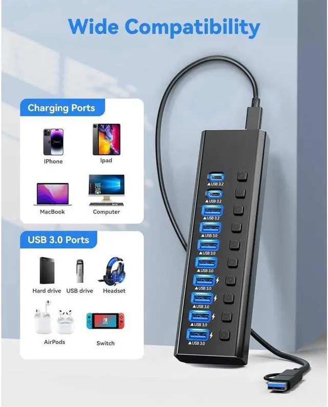 Main image of USB Hub, 7 Ports Super High Speed USB 3.0 Hub Splitter + 1 USB-A 3.2 Ports + 2 USB-C 3.0 Ports, Black Smart Fast Charger Powered USB Hub for Laptop, Mac, PC, Mobile HDD, Mulitple Devices