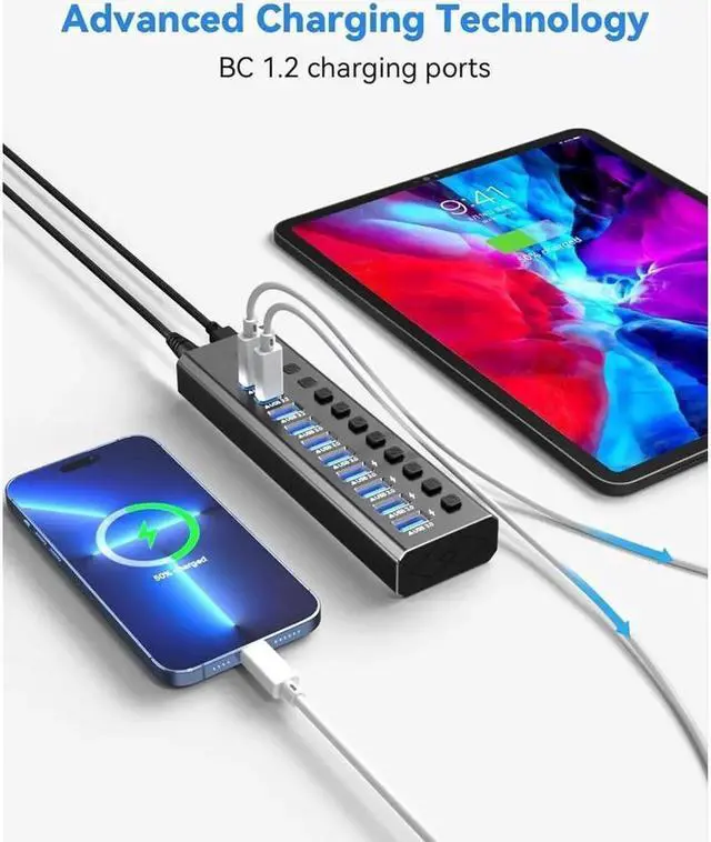 Alt view image 4 of 7 - USB Hub, 7 Ports Super High Speed USB 3.0 Hub Splitter + 1 USB-A 3.2 Ports + 2 USB-C 3.0 Ports, Black Smart Fast Charger Powered USB Hub for Laptop, Mac, PC, Mobile HDD, Mulitple Devices