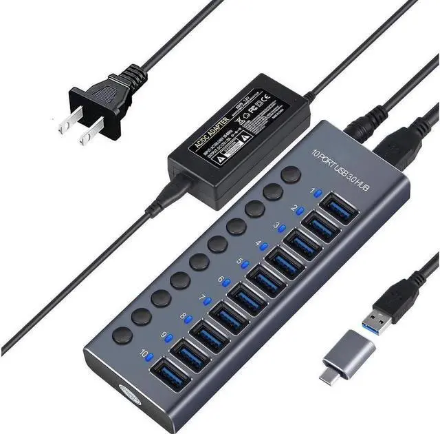 Main image of 10-Port Powered USB 3.0 Hub 60W with 10 USB 3.0 Data Ports, Aluminum USB Splitter for Laptop/PC, work for Mouse, Keyboard, Hard Drive or More USB Devices