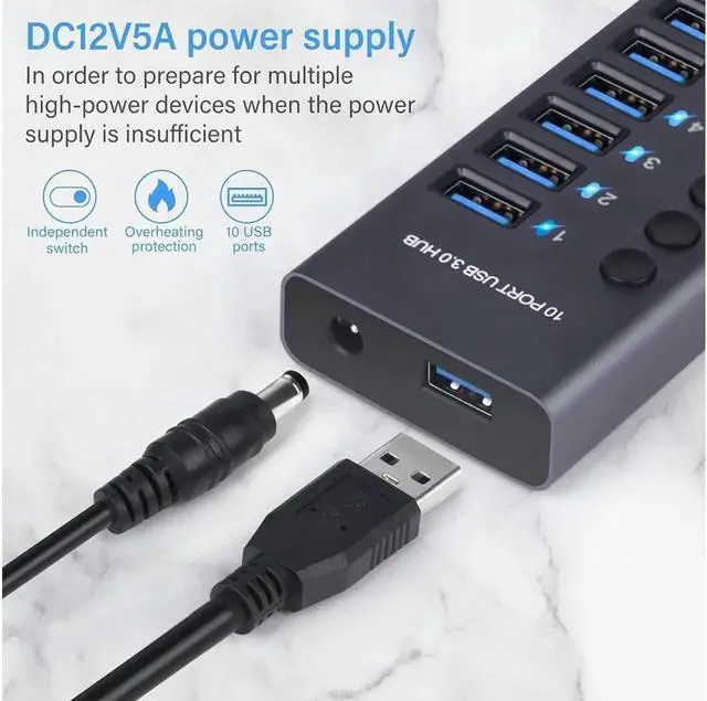 Alt view image 5 of 7 - 10-Port Powered USB 3.0 Hub 60W with 10 USB 3.0 Data Ports, Aluminum USB Splitter for Laptop/PC, work for Mouse, Keyboard, Hard Drive or More USB Devices