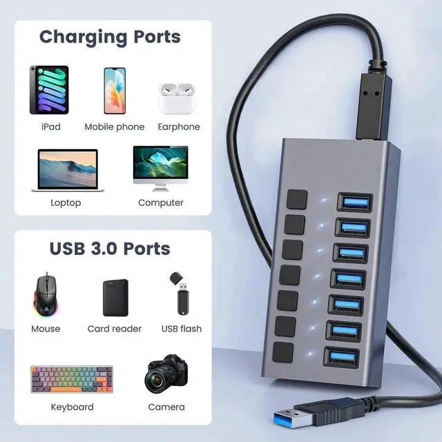 Alt view image 2 of 7 - Powered USB 3.0 Hub, 7-Port USB Hub Splitter (7 Data Transfer Ports+ 7 Charging Ports) with Individual LED On/Off Switches, USB Hub 3.0 Powered with Power Adapter for Mac, PC