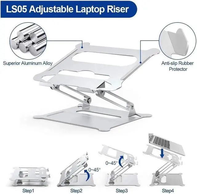 Alt view image 5 of 7 - Laptop Stand Adjustable, Notebook Holder : Aluminum Foldable Laptop Riser for Desk, Compatible with 10-17" MacBook Air Pro, XPS, More Notebooks - (Z19-Silver)