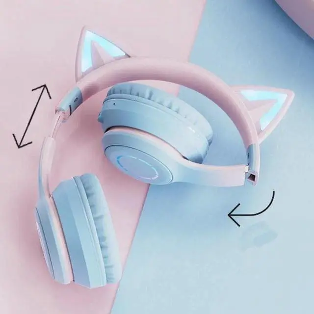 Alt view image 5 of 5 - Gemdeck Wired Headphones Cat Ear Gradient Headset Bluetooth Foldable Headphones Gift Blue Purple